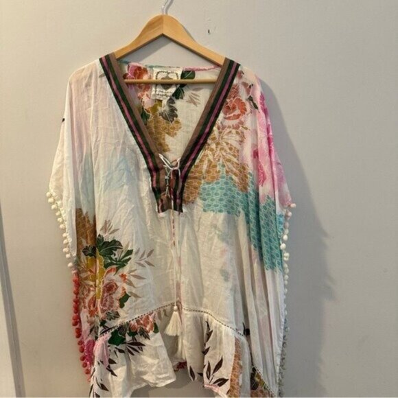 Z&L Europe Floral Print Airy  100% Cotton Pom-Pom Caftan Swim Cover Up sz Small - Picture 6 of 16